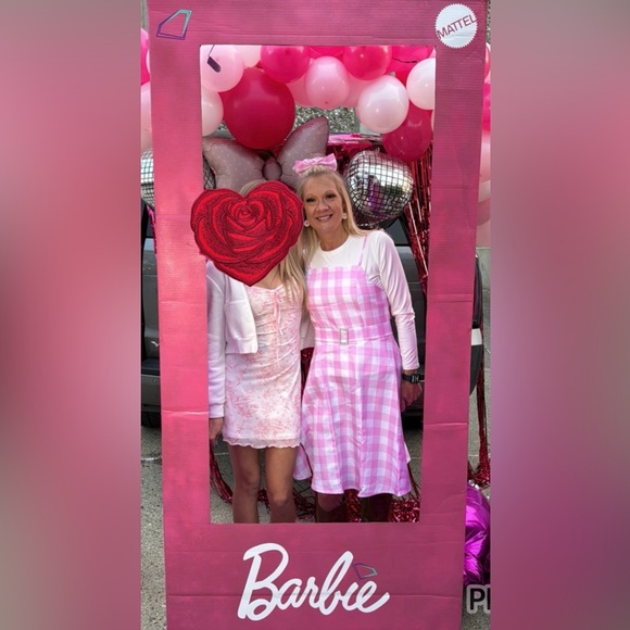 Pink & White Checkered Barbie Dress Costume with Bow Belt & Earrings size L - Picture 7 of 16